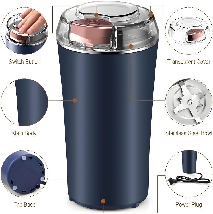Portable Electric Spices and Coffee Bean Grinder | Stainless Steel Blade | Fast Grinding for Coffee, Herbs, Nuts & Seeds | Compact & Easy to Clean