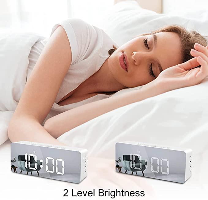 Digital Alarm Clock, LED Display Clock Best Makeup Bedroom Mirror Travel Alarm Office Bedroom Clock, Alarm Clock with Snooze, Dimmer Control