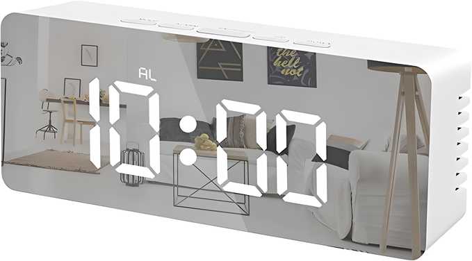 Digital Alarm Clock, LED Display Clock Best Makeup Bedroom Mirror Travel Alarm Office Bedroom Clock, Alarm Clock with Snooze, Dimmer Control