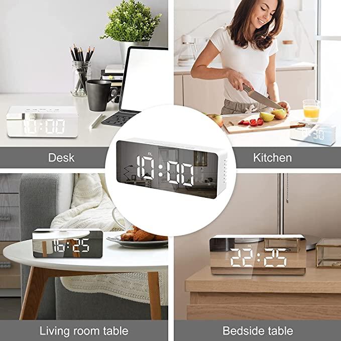 Digital Alarm Clock, LED Display Clock Best Makeup Bedroom Mirror Travel Alarm Office Bedroom Clock, Alarm Clock with Snooze, Dimmer Control