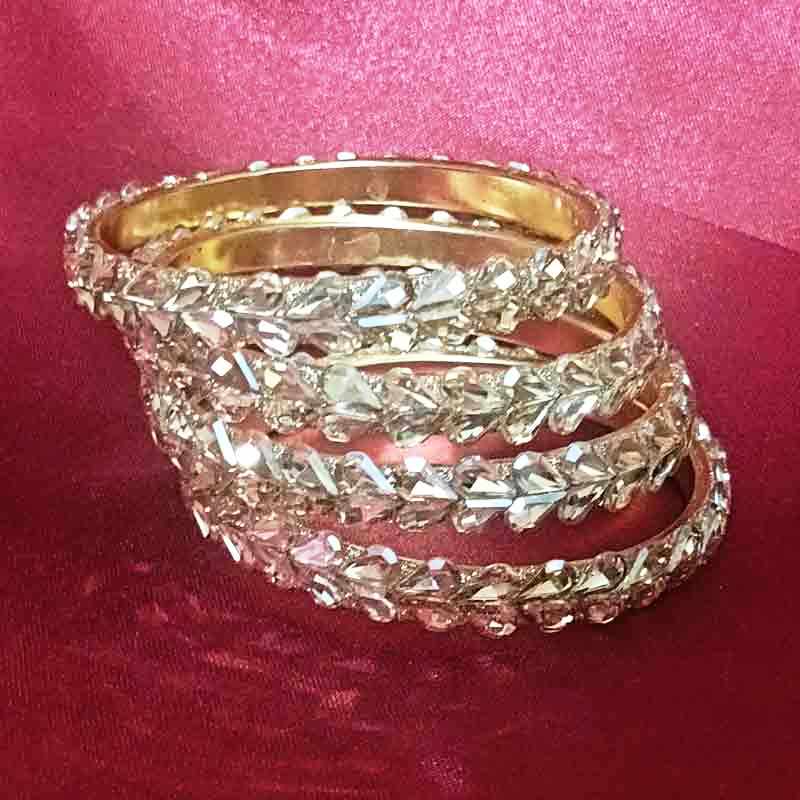 Latest Metal Base Silver Toned Bangles Adorned with Artificial Tear Drop Stones and Beads Pair of 2