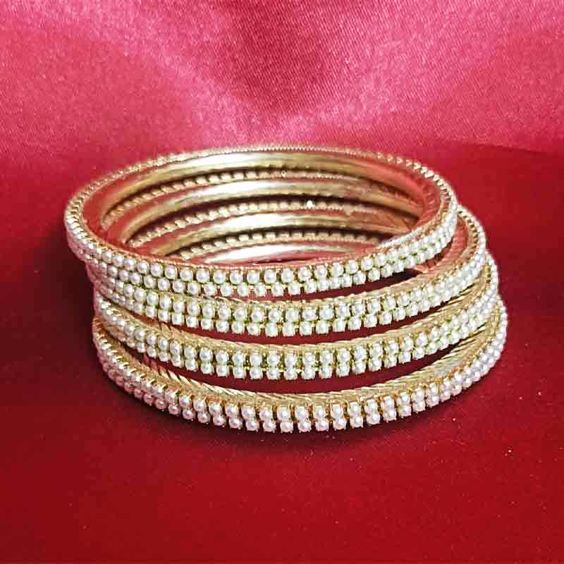 Freshly arrived Metal Base Golden Bangles Adorned with Artificial Moti Pair of 2