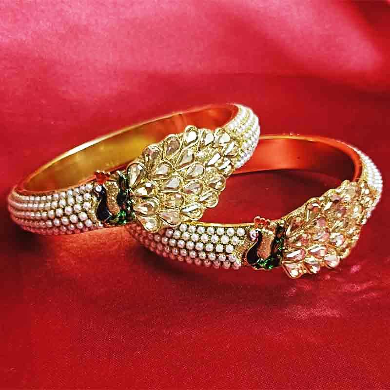 Regal Peacock Design Kundan Bangles with Pearl Beading – Traditional Gold-Tone Bridal Jewelry