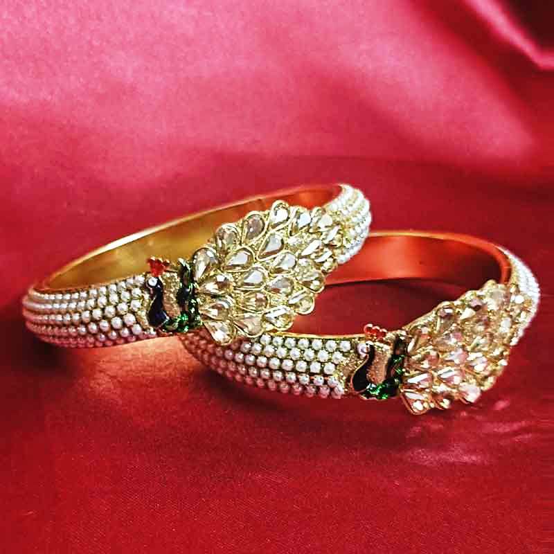 Regal Peacock Design Kundan Bangles with Pearl Beading – Traditional Gold-Tone Bridal Jewelry