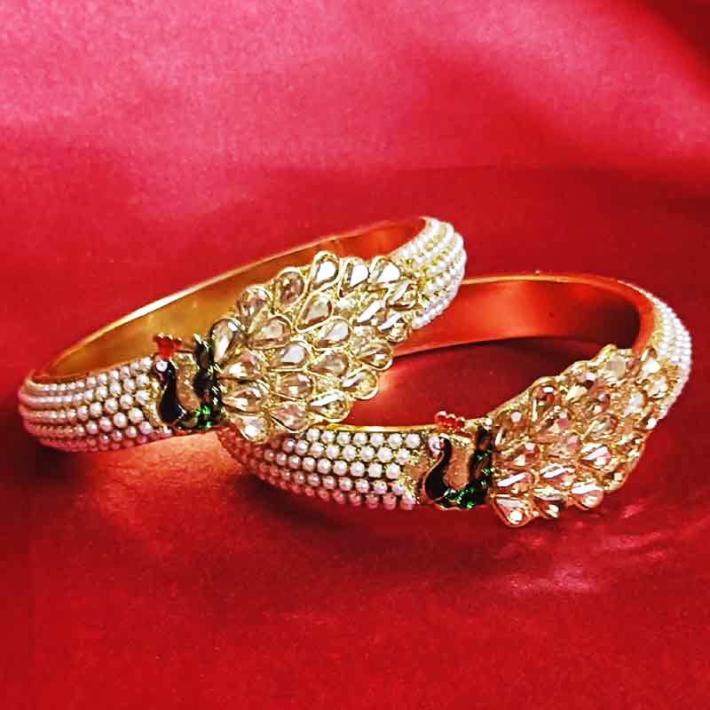Regal Peacock Design Kundan Bangles with Pearl Beading – Traditional Gold-Tone Bridal Jewelry