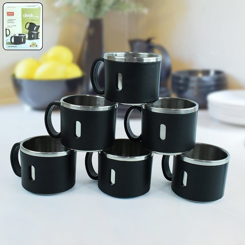 Apex Premium Stainless Steel Desk Mug Set - Set of 6, 150ml Each, Durable & Elegant for Tea/Coffee