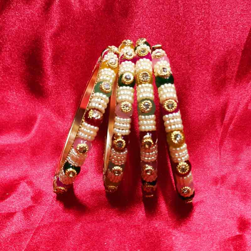 Multicolor Stone & Pearl Embellished Traditional Bangles - Set of 4