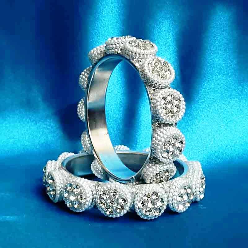 Elegant Silver-Tone Crystal Studded Bangles for Women & Girls | Stylish Round Stone Beaded Kada Set | Partywear, Wedding & Festive Fashion Jewelry