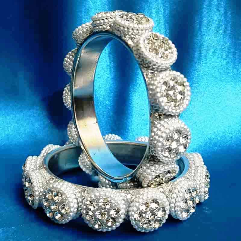 Elegant Silver-Tone Crystal Studded Bangles for Women & Girls | Stylish Round Stone Beaded Kada Set | Partywear, Wedding & Festive Fashion Jewelry