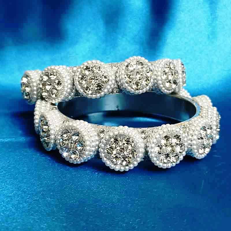 Elegant Silver-Tone Crystal Studded Bangles for Women & Girls | Stylish Round Stone Beaded Kada Set | Partywear, Wedding & Festive Fashion Jewelry