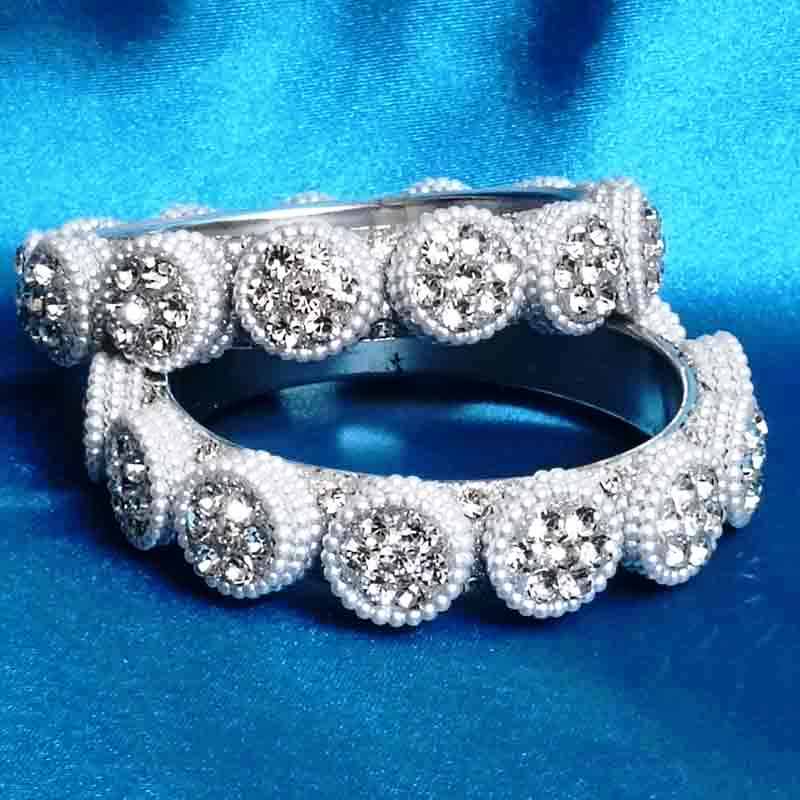 Elegant Silver-Tone Crystal Studded Bangles for Women & Girls | Stylish Round Stone Beaded Kada Set | Partywear, Wedding & Festive Fashion Jewelry