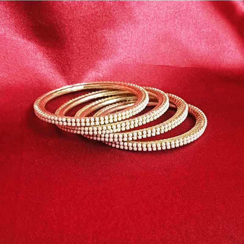 Freshly arrived Metal Base Golden Bangles Adorned with Artificial Moti Pair of 2