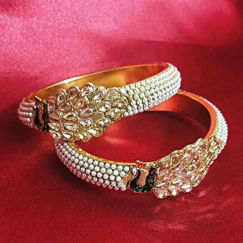 Regal Peacock Design Kundan Bangles with Pearl Beading – Traditional Gold-Tone Bridal Jewelry