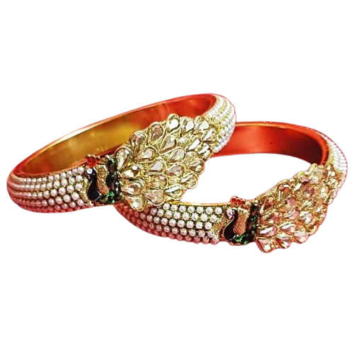 Regal Peacock Design Kundan Bangles with Pearl Beading – Traditional Gold-Tone Bridal Jewelry