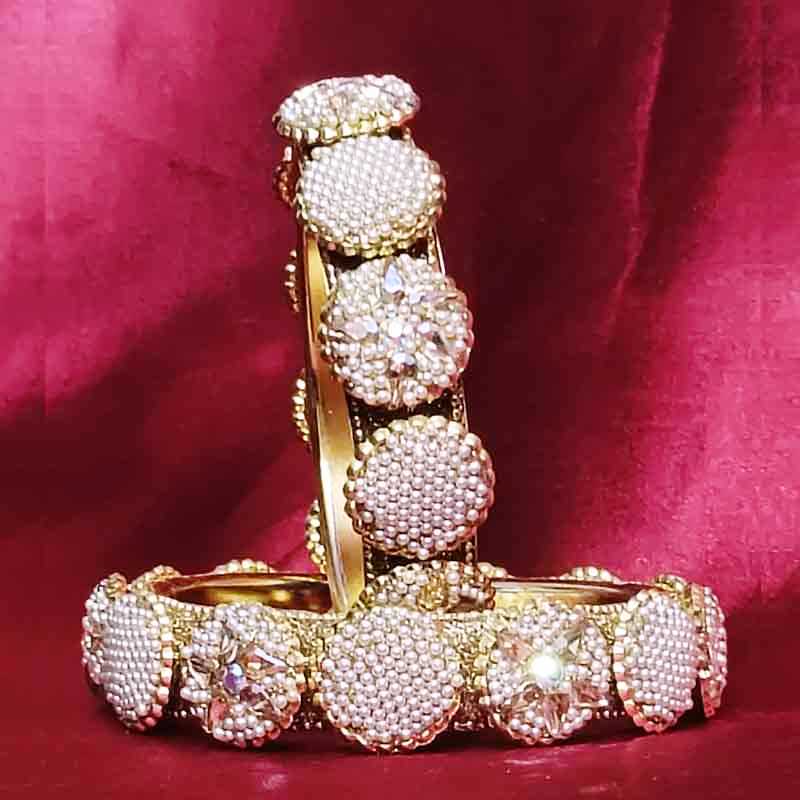 Luxury Pearl Studded Gold-Plated Bangles for Women & Girls | Traditional Ethnic Indian Style | Crystal Embellished Jewelry Set of 2