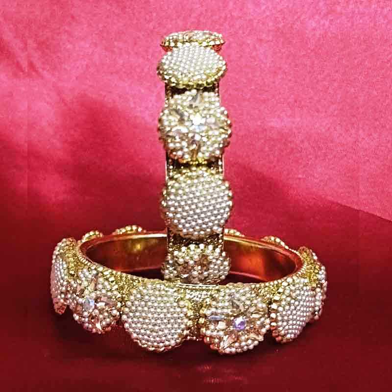 Luxury Pearl Studded Gold-Plated Bangles for Women & Girls | Traditional Ethnic Indian Style | Crystal Embellished Jewelry Set of 2
