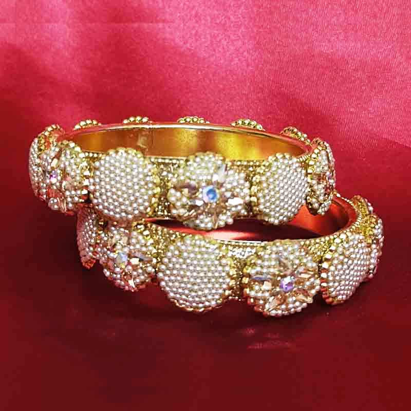 Luxury Pearl Studded Gold-Plated Bangles for Women & Girls | Traditional Ethnic Indian Style | Crystal Embellished Jewelry Set of 2