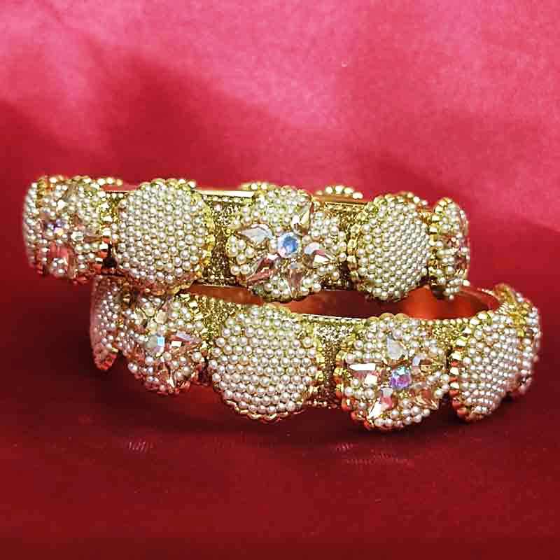 Luxury Pearl Studded Gold-Plated Bangles for Women & Girls | Traditional Ethnic Indian Style | Crystal Embellished Jewelry Set of 2