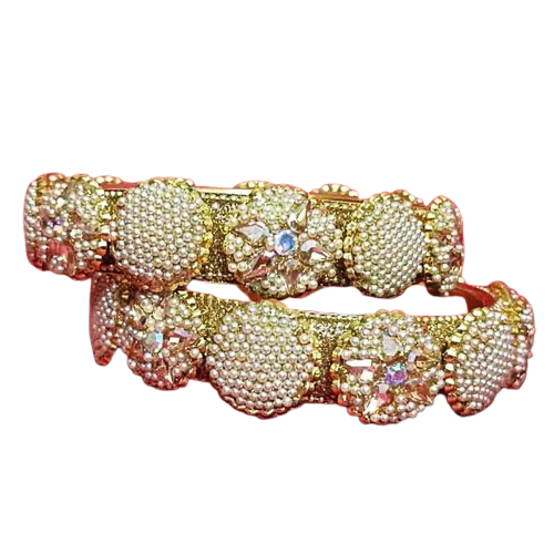 Luxury Pearl Studded Gold-Plated Bangles for Women & Girls | Traditional Ethnic Indian Style | Crystal Embellished Jewelry Set of 2