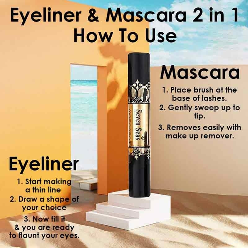 Seven Seas 2-in-1 Waterproof Eyeliner & Mascara for Dramatic Lashes - Deep Black, Glossy Finish