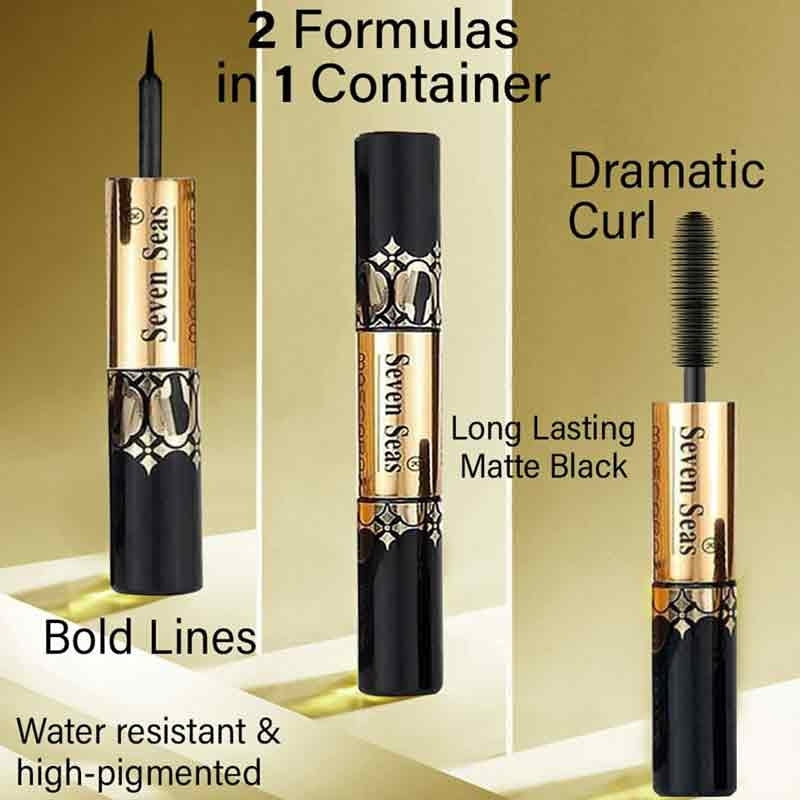 Seven Seas 2-in-1 Waterproof Eyeliner & Mascara for Dramatic Lashes - Deep Black, Glossy Finish